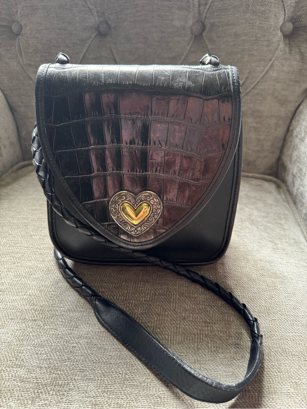 Brighton Black Croc-Embossed Crossbody with Heart Medallion